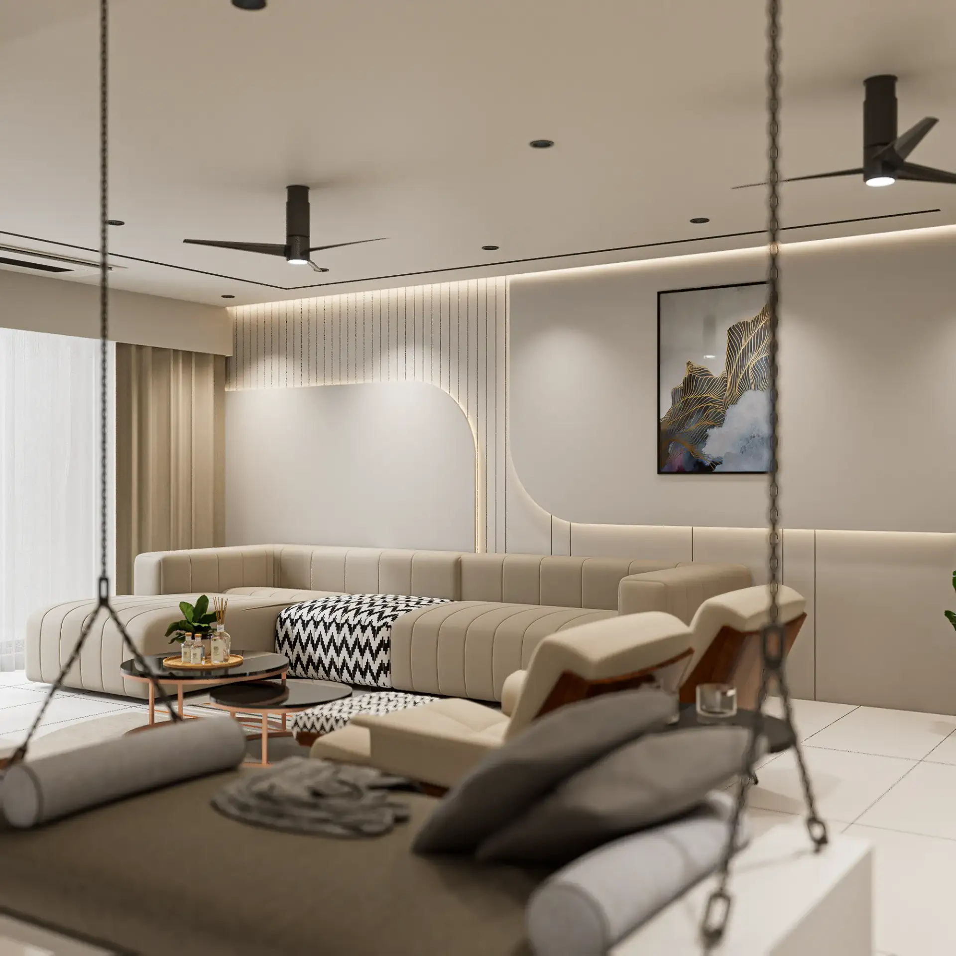 Twin Tower luxury living room visualization with contemporary interiors